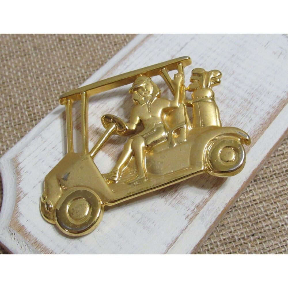 Vintage JJ Gold-Tone Golf Cart Brooch